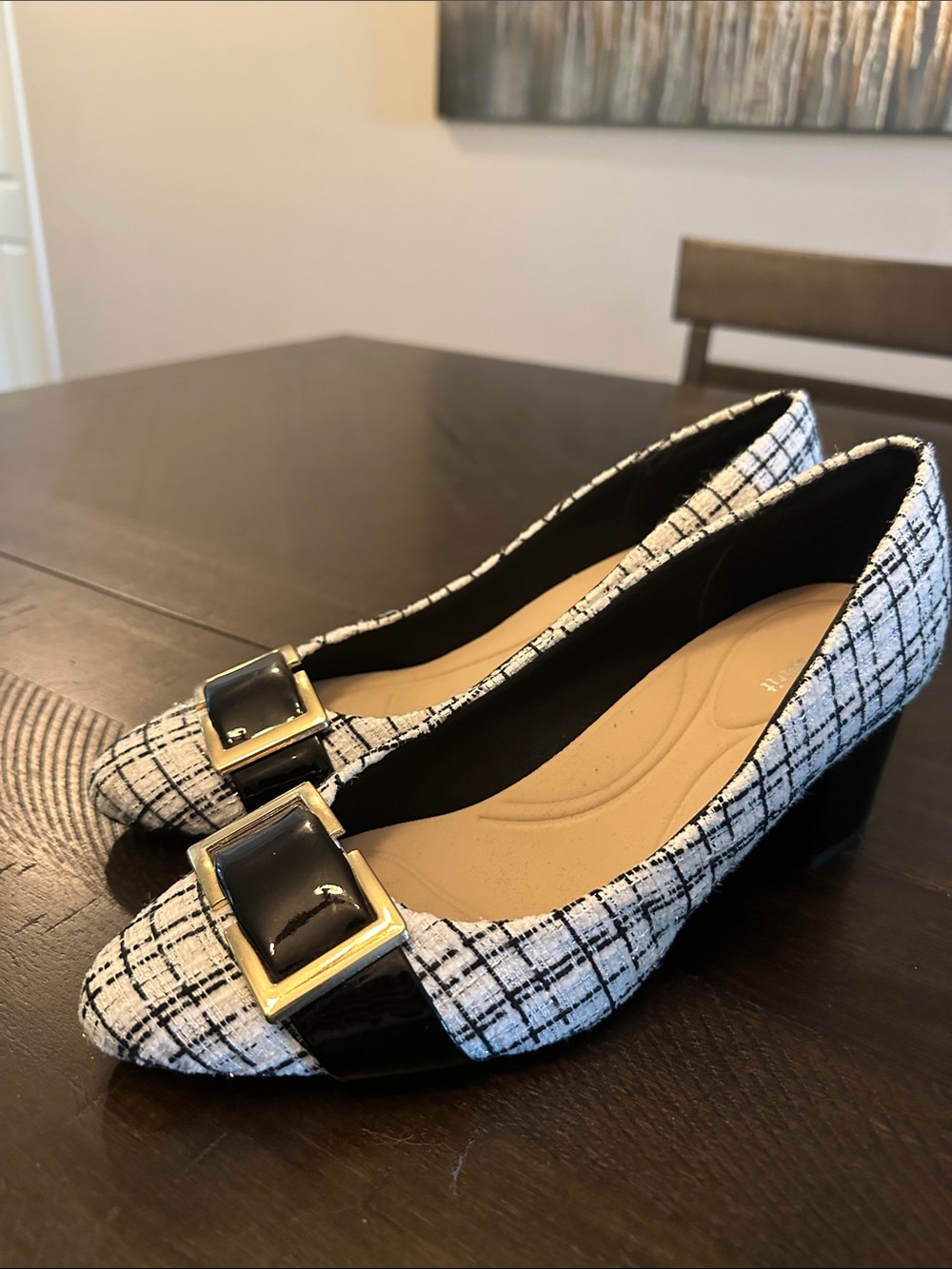 Easy Spirt Pointed Tweed Black & White Flats with Gold Buckle 9.5